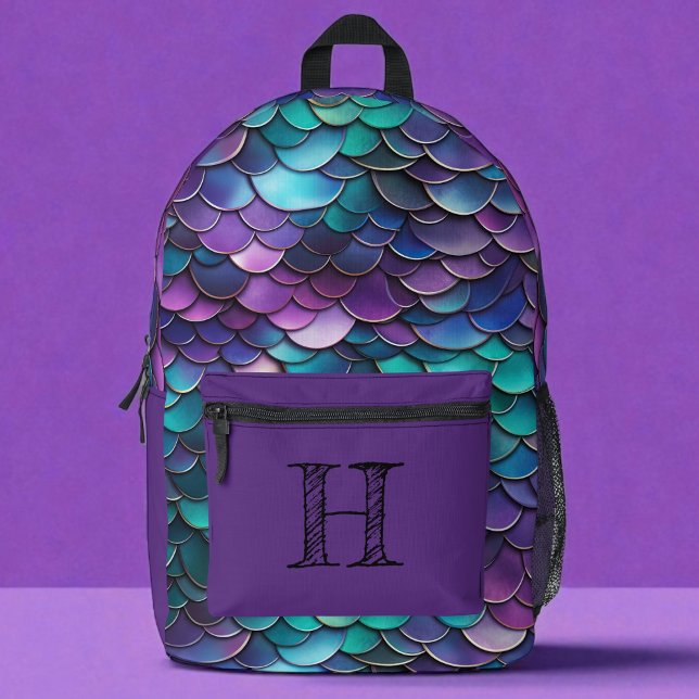Iridescent Purple Mermaid Monogram Printed Backpack (Creator Uploaded)