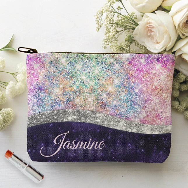 iridescent purple silver faux glitter monogram accessory pouch (Creator Uploaded)