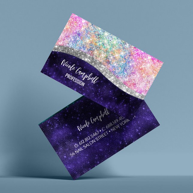 iridescent purple silver faux glitter monogram business card (Creator Uploaded)