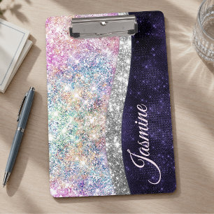 iridescent purple silver faux glitter monogram clipboard