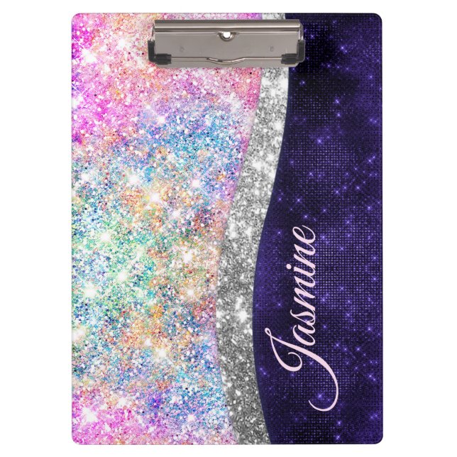 iridescent purple silver faux glitter monogram clipboard (Front)
