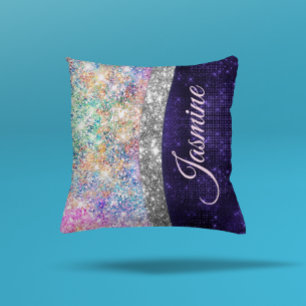 iridescent purple silver faux glitter monogram cushion