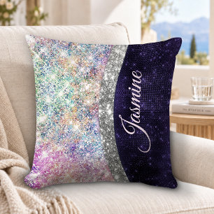 iridescent purple silver faux glitter monogram cushion