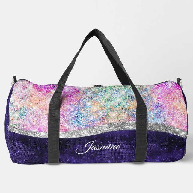 iridescent purple silver faux glitter monogram  duffle bag (Front)