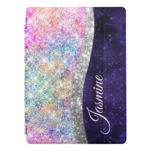 iridescent purple silver faux glitter monogram iPad pro cover