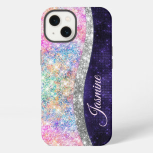iridescent purple silver faux glitter monogram iPhone 13 case