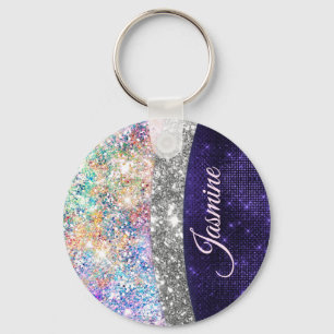 iridescent purple silver faux glitter monogram key key ring