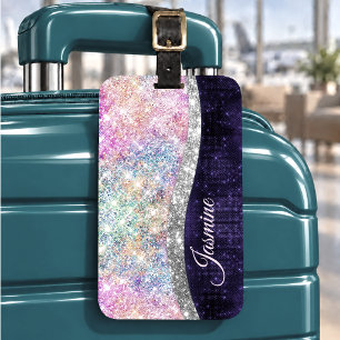 iridescent purple silver faux glitter monogram luggage tag