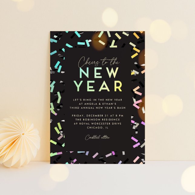 Iridescent Rainbow Confetti New Year's Eve Party Invitation (colorful confetti New Year's party invitation)