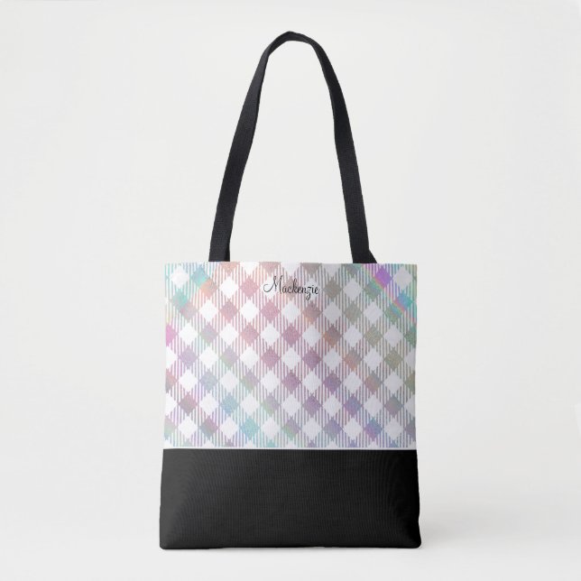 Iridescent Rainbow Gingham Pattern with Monogram Tote Bag (Front)