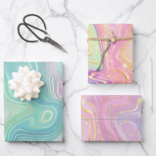 Iridescent Rainbow Gradient and Gold Foil Strata Wrapping Paper Sheet