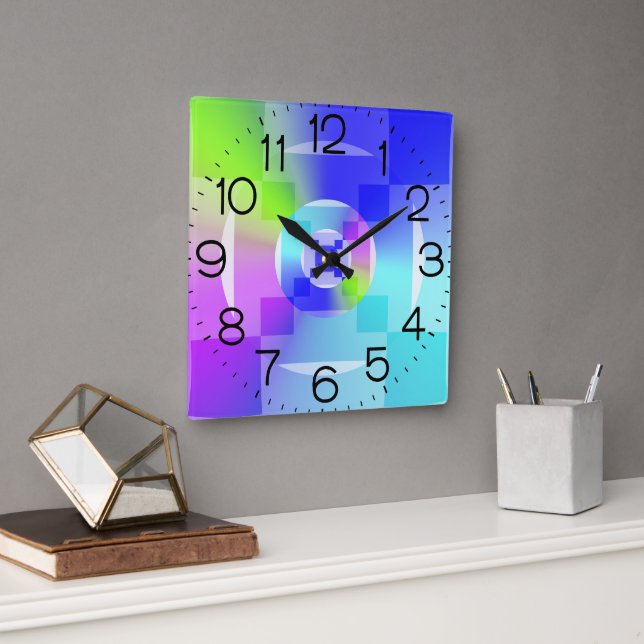 Iridescent Rainbow Gradient Delicate Fractal Art Square Wall Clock (Office)