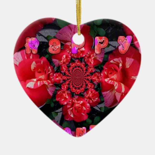 Iridescent Red Roses "Happy Valentine" Art Print Ceramic Ornament (Front)
