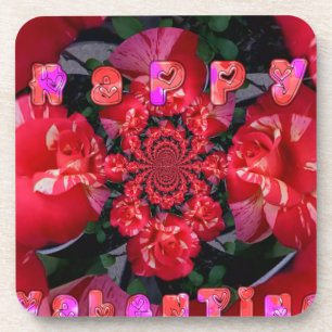 Iridescent Red Roses "Happy Valentine" Art Print Coaster