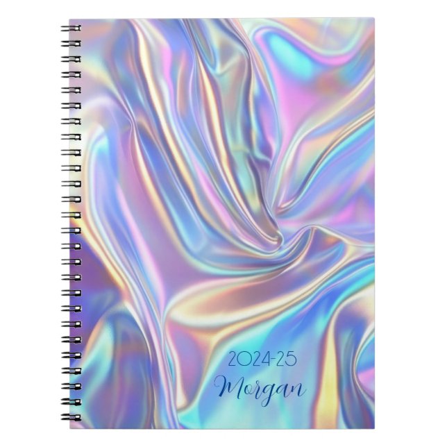 Iridescent Shiny Metallic Fabric Date, Script Name Notebook (Front)