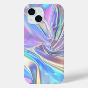 Iridescent Shiny Metallic Fabric, Small White Name iPhone 15 Case