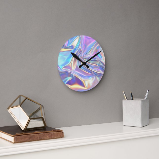 Iridescent Shiny Metallic Fabric, Teal Gold Purple Round Clock (Office)