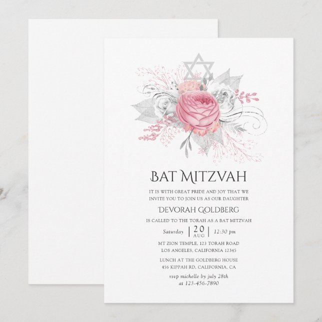 Iridescent Silver and Pink Floral Bat Mitzvah Invitation (Front/Back)