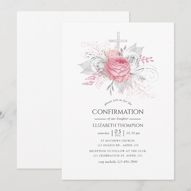 Iridescent Silver and Pink Floral Confirmation Invitation (Front/Back)