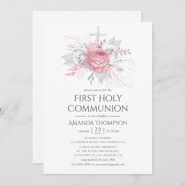 Iridescent Silver and Pink Floral Holy Communion Invitation (Front/Back)