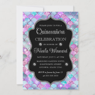 Iridescent Silver Mermaid Scales Frame Quinceanera Invitation