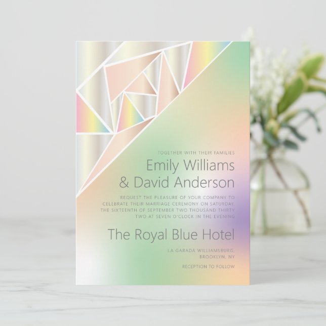 Iridescent Silver Pastel Gems Inspired Wedding  Invitation (Standing Front)