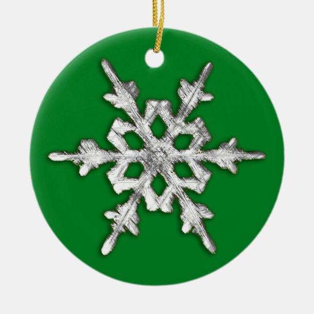Iridescent Snowflake on Pine Green  Ceramic Ornament (Front)