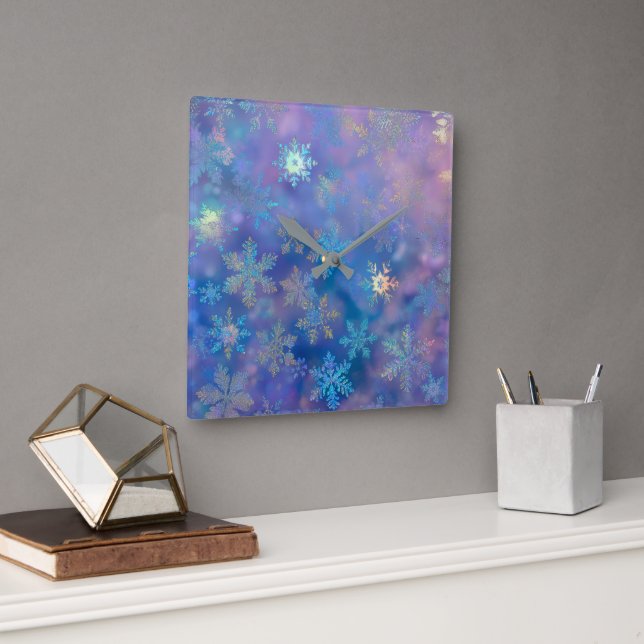 Iridescent snowflakes  square wall clock (Office)