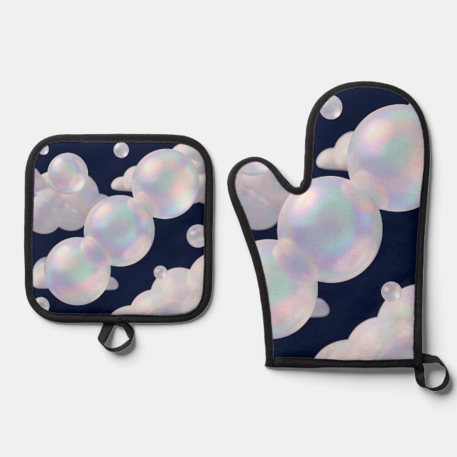 Iridescent Soap Bubbles Floating Dark Blue Dreamy  Oven Mitt & Pot Holder Set (Front)