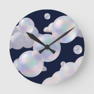 Iridescent Soap Bubbles Floating Dark Blue Dreamy  Round Clock