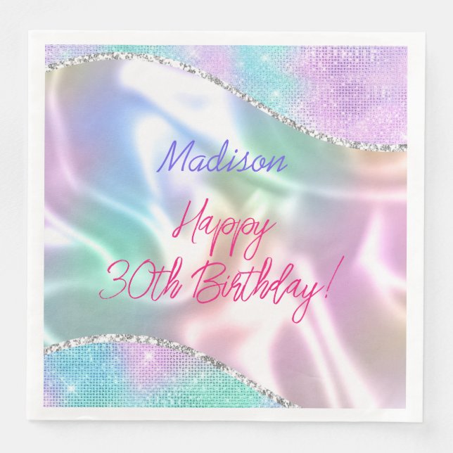 Iridescent Sparkle Happy Birthday & Name, Any Age Napkin (Front)