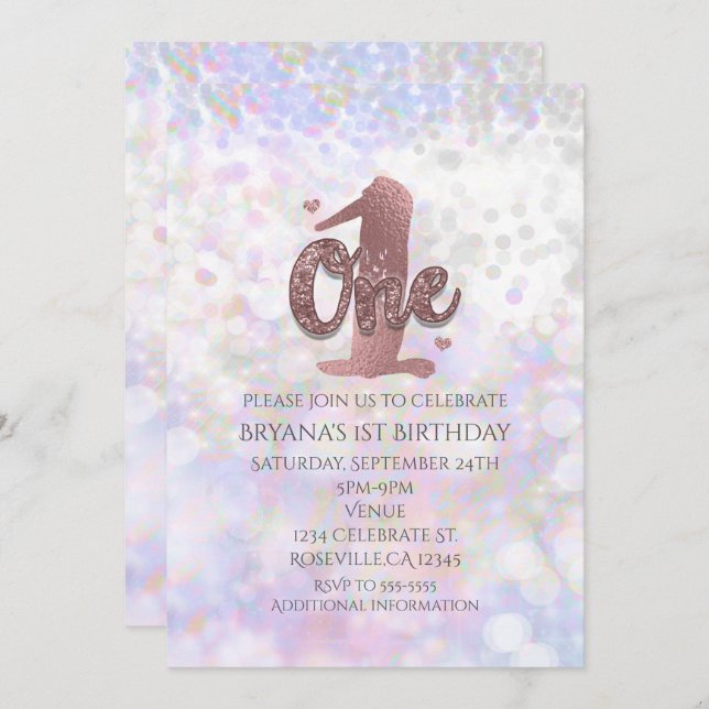 Iridescent Sparkle One 1st Birthday Invitations (Front/Back)