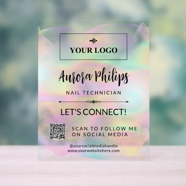 Iridescent Splash Your Logo & QR Social Media Acrylic Sign (Neutral)