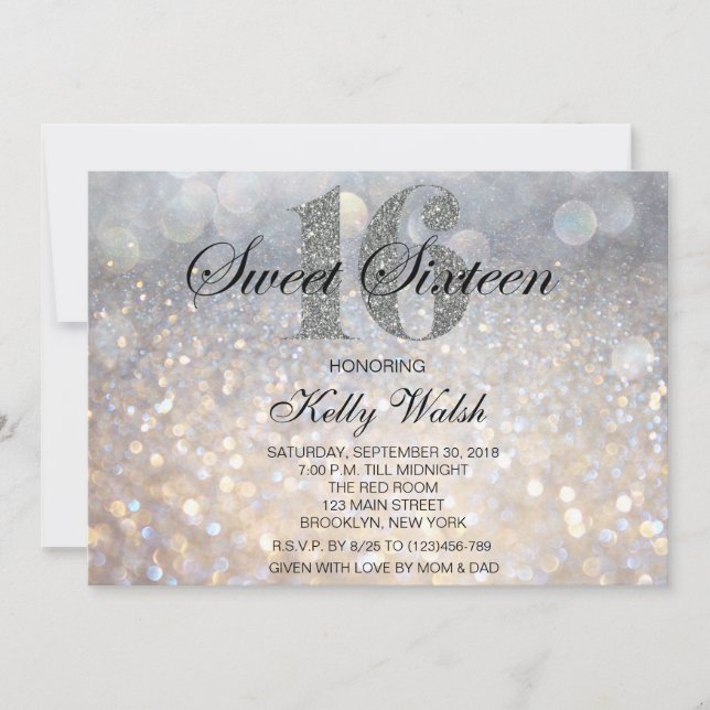 Iridescent Sweet 16 Silver Glitter Invitation (Front)