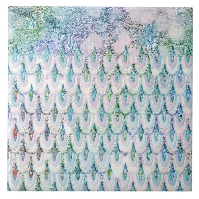Iridescent teal Glitter Mermaid Fish Scales Ceramic Tile (Front)