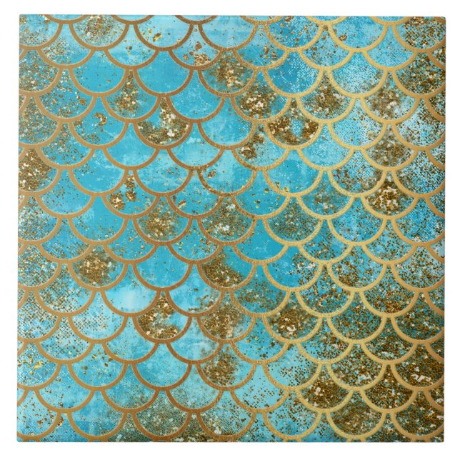 Iridescent Teal Gold Glitter  Mermaid Fish Scales Ceramic Tile (Front)