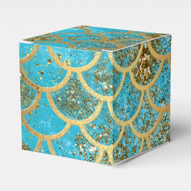 Iridescent Teal Gold Glitter  Mermaid Fish Scales Favour Box (Front Side)