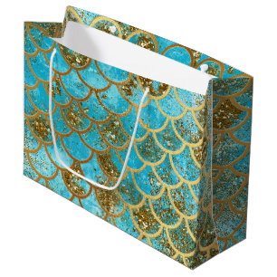 Iridescent Teal Gold Glitter Mermaid Fish Scales Large Gift Bag