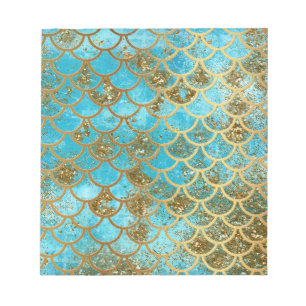 Iridescent Teal Gold Glitter  Mermaid Fish Scales Notepad