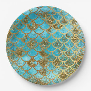 Iridescent Teal Gold Glitter Mermaid Fish Scales Paper Plate