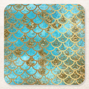 Iridescent Teal Gold Glitter  Mermaid Fish Scales Square Paper Coaster