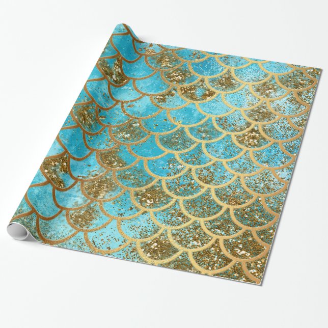 Iridescent Teal Gold Glitter  Mermaid Fish Scales Wrapping Paper (Unrolled)