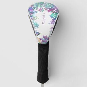 Iridescent Tropical Leaves, DIY Purple Name, White Golf Head Cover