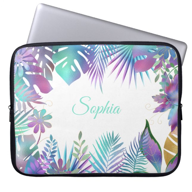 Iridescent Tropical Leaves, DIY Purple Name, White Laptop Sleeve (Front)