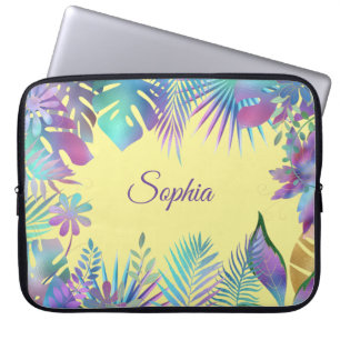Iridescent Tropical Leaves DIY Purple Name, Yellow Laptop Sleeve