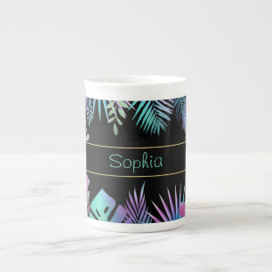 Iridescent Tropical Leaves, DIY Teal Name, Black Bone China Mug