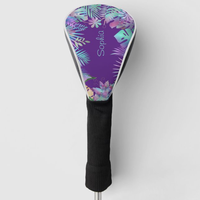 Iridescent Tropical Leaves, DIY Teal Name, Purple Golf Head Cover (Front)