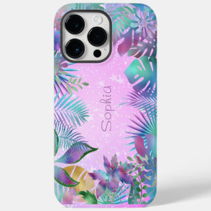 Iridescent Tropical Leaves, Name White Stars, Pink iPhone 14 Pro Max Case