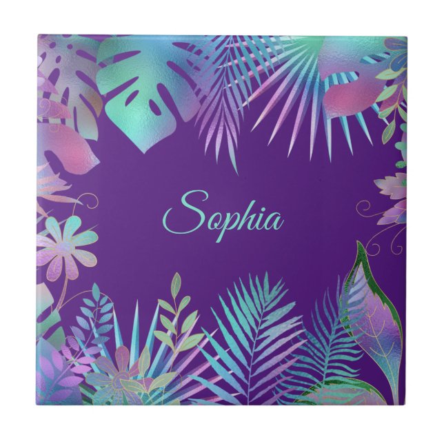 Iridescent Tropical Leaves, Teal Name on Purple Ceramic Tile (Front)