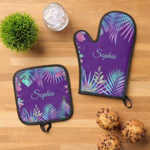 Iridescent Tropical Leaves, Teal Name on Purple Oven Mitt & Pot Holder Set